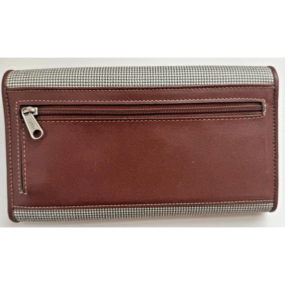 Espirit Wallet Green/White Plaid Brown Vegan‎ Leather 11 Card Slots Organizer